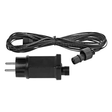En EKVAP-transformator med ett system för anslutning av förlängningskabel, som visar en svart tvåstiftsadapter kopplad till en lång, prydligt lindad kabel som är fastkedjad med en tvist och slutar i en avtagbar kontakt.
