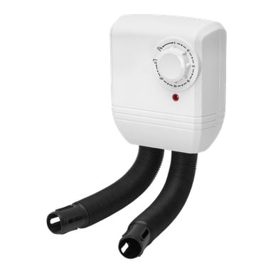 En vit Bright-skotork med temperaturmätare, röd indikatorlampa och två avtagbara svarta korrugerade slangar som sträcker sig från basen, monterade på en yta.