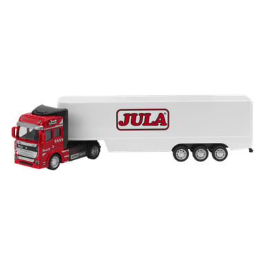 Kayoba Toy-lastbilen är en rödvit lastbil med sex hjul, en detaljerad hytt och en avtagbar trailer med logotypen JULA i röda bokstäver.