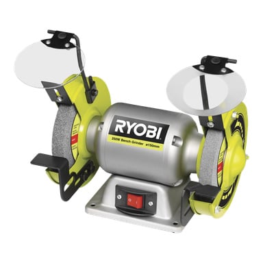 Ryobi bänkslipmaskin RBG6G1 är utrustad med en 250W-motor, dubbla sliphjul, genomskinliga säkerhetsskydd och verktygsstöd. Dess metallbas har en röd strömbrytare, och karossen har en silver- och grön finish med Ryobi-loggan på framsidan.