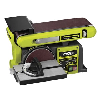 Ryobi RBDS4601G szlifierka taśmowo-tarczowa, w kolorze zielono-czarnym, ma silnik 370W, pasek ścierny na górnej powierzchni, zamontowany dysk ścierny z boku oraz metalowy stół roboczy z regulowaną prowadnicą kątową.