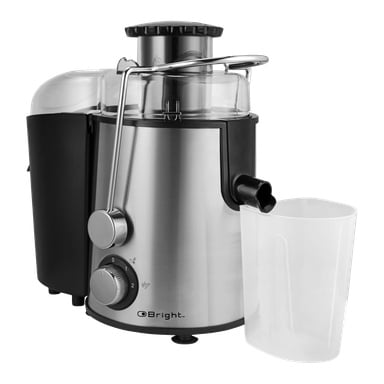 Bright Slow Juicer 7 Pieces visas och lyfter fram dess kropp i rostfritt stål, svarta bas, genomskinliga plastlock, två kontrollrattar, pip, låsarm och transparent juiceuppsamlingskopp.