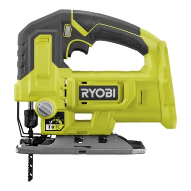 En Ryobi One+ RJS18-0 batteridriven sticksåg i gult och svart, med blad, ergonomiskt grepp, justeringsratt och en solid basplatta. Ryobi-logotypen sticker ut på sidan av verktyget.
