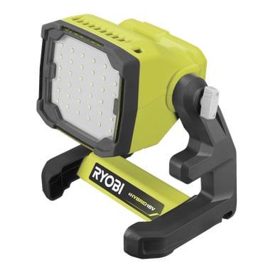 Ryobi One+ LED -työvalo, joka toimii paristolla, jossa on useita LED-lamppuja, tukeva musta-keltainen pohja, säädettävä kanne ja Ryobin logo pohjassa.