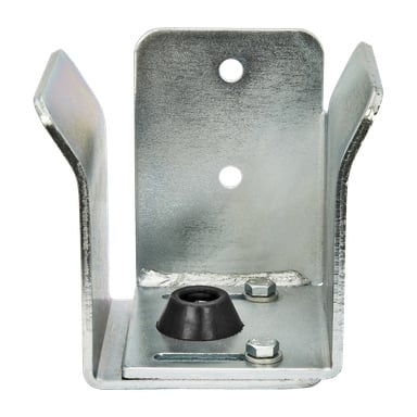 Hard Head Sliding Door Stop er dokumentert i detalj, og fremhever den U-formede metallfestebraketten med tre bolthull og en svart gummiring festet i bunnen. Overflaten fremstår som blank og dekket av et galvanisert lag.