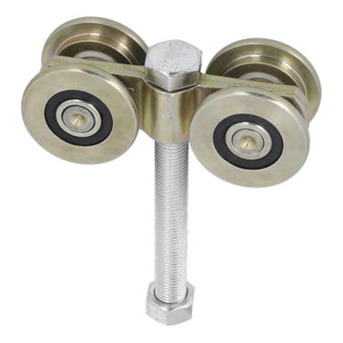 Hard Head Overhead Roller har fyra cirkulära hjul och en gängad bult med en sexkantsmutter i botten, placerad på en vit bakgrund.