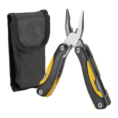 Ein offenes Kayoba-Multitool mit gelben und schwarzen Griffen zeigt seine Zange und mehrere ausklappbare Werkzeuge, begleitet von einer schwarzen Stofftasche daneben.