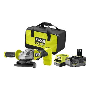 Ryobi One+ HP vinkelsliper RAG18X-140SJ vises med et 18V 4,0Ah-batteri, en lader og en oppbevaringspose, alle med merkets gule og svarte farger.