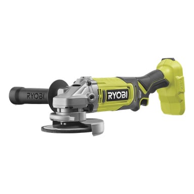 Kelta-musta Ryobi One+ Angle Grinder RAG18125-0, jossa on sivukahva, jossa RYOBI-etiketti näkyy sekä rungossa että kahvassa.