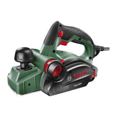 Bosch Electric Planer PHO 2000, jossa on vihreä-musta kuvio punaisilla yksityiskohdilla, musta kahva, etunuppi ja Bosch-logo sivulla.