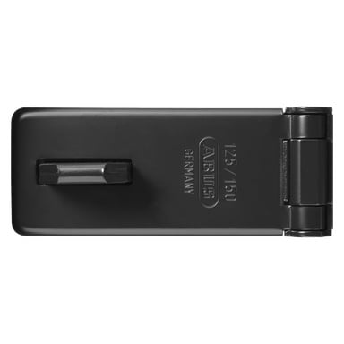 Ett svart metall-ABUS-handtag med "ABUS 125/150 GERMANY" präglat på ytan, med ett gångjärn på höger sida och en häftklammer för hänglås placerat mot mitt-vänster.