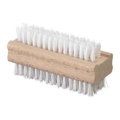 Menuett-nagelborsten är en rektangulär träborste med tätt packade vita borst på båda sidor.