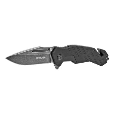 Kayoba Outdoor jackkniv med et delvis taggete metallblad merket "Kayoba," og et svart teksturert håndtak som inkluderer tommelstift og lommeklips.