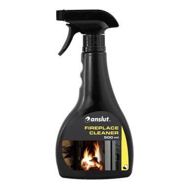 butelka z rozpylaczem 500 ml z czarno-żółtą etykietą z płonącym kominkiem i napisem "Anslut Stove Cleaning". Spust sprayu jest również.