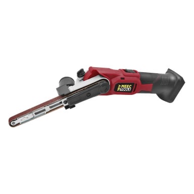 En handhållen elektrisk remslipare i rött och svart, märkt som Powerfile BS-18V HOME 500 från Meec Tools Multiseries. Den har ett smalt slipband och har varumärket på sidan.
