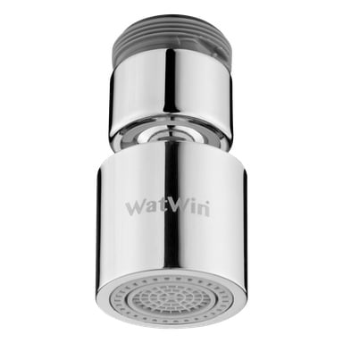 Detaljert bilde av en Watwin Tap-lufter med kuleledd Select M22/24, som viser merkenavnet risset inn i den blanke kromoverflaten. Luftatoren er designet med et nettfilter nederst og har en gjenget øvre del for enkel montering på en kran.