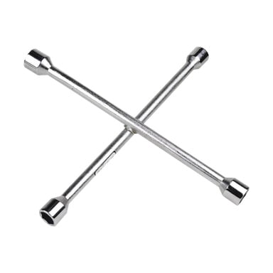 Hamron Wheel Brace z błyszczącym srebrnym wykończeniem, składający się z dwóch skrzyżowanych belek, z których każdy kończy się nasadką przeznaczoną do dokręcania lub luzowania nakrętek na śrubach.