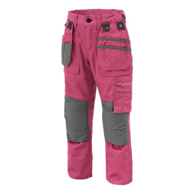 Bluewear Children's arbetsbyxor i klarrosa har flera grå förstärkta fickor, knälappar, öglor, dragkedjor och knappar för extra hållbarhet och funktion—perfekt för tuffa jobb.