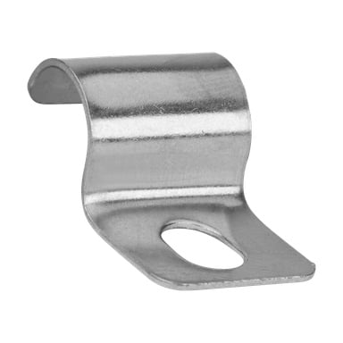 En detaljerad vy av en Anslut kabelklämma från det 10-delade setet framhäver dess böjda metallstruktur, med en platt ände med en oval öppning lämplig för att fästa eller hålla saker på plats.