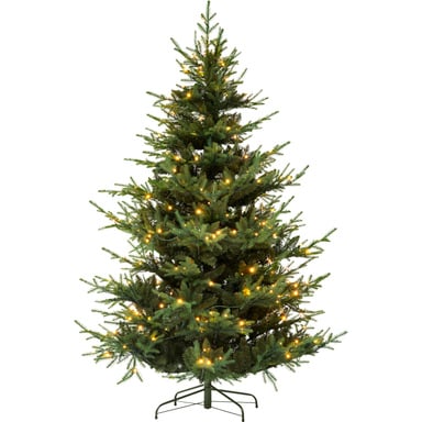 EKVIP livlik julgran med gröna nålar, integrerade varmvita LED-lampor och ett metallstativ.