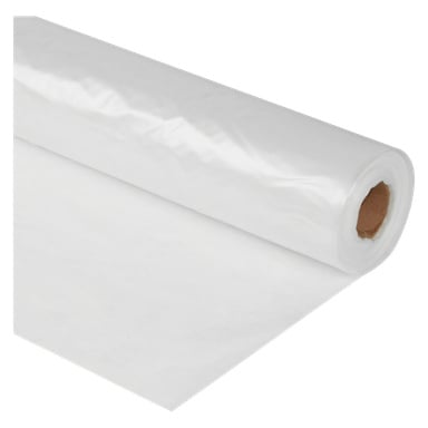 En delvis utrullad rulle Hard Head Plastic Sheeting visar dess släta, halvblanka vita yta. Den bruna kartongkärnan är synlig och materialet ligger platt.