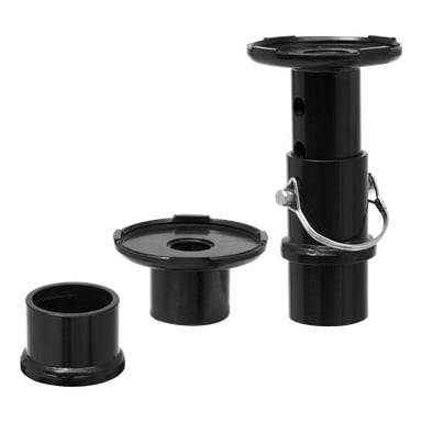 Tre svartmetalldelar—Meec Tools Adapter för SUV-domkraft—består av en cylindrisk justerbar koppling med handtag och hål, samt två separata cylindriska ringdelar. Alla komponenter är avsedda för att koppla ihop eller stödja objekt.