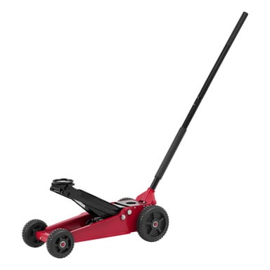 Czerwony podnośnik Meec Tools High Lifting do SUV-ów, wyposażony w cztery czarne koła i długą czarną rączkę. Z przodu znajduje się platforma podnosząca przeznaczona do podnoszenia pojazdów.