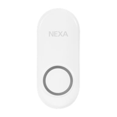 En vit rektangulär Nexa-dörrklocksknapp med släta, rundade kanter och varumärket visades ovanför en cirkulär knapp med grå konturer.