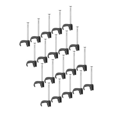 Tjugo Anslut-kabelavlastningsklämmor från ett 20-pack är arrangerade i ett rutnät. Varje svart plastklämma har en U-formad hållare för kablar och en fäst silverspik för montering på ytor.