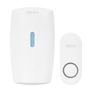 Nexa Wireless Door Bell MLR-1923-setet inkluderar en rektangulär vit klocka med blått ljus och en avlång knapp, där varje display visar Nexa-logotypen högst upp.
