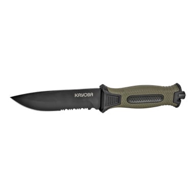 Kayoba Outdoor Survival-kniven har ett fast blad med matt svart beläggning, en sektion av tandad egg och ett handtag i texturerad olivgrön och svart. KAYOBA finns på bladet nära handtaget.