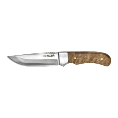 En Kayoba Outdoor jaktkniv med et polert stålblad med fast stål, "KAYOBA" inngravert nær skaftet, og et trehåndtak sikret med to messingnagler.