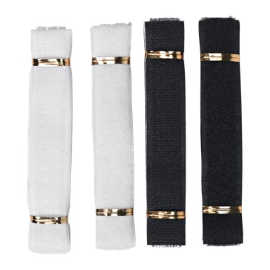 Fyra rektangulära kardborreband från Hard Head Velcro strap 4-pack – två i vitt och två i svart – är vardera fastsatta med två metalliska guldband och arrangerade vertikalt.