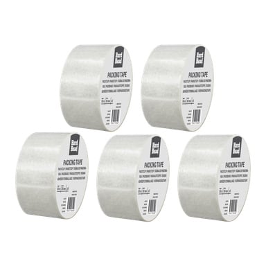 Fem rullar från Hard Head Packing tape 5-pack visas, var och en med en vit etikett som visar produktdetaljer. Rullarna är arrangerade i två rader.
