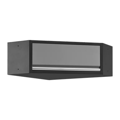 Ett hörnskåp monterat på väggen av Hard Head med en enda dörr, som visar en svart- och silverfärgad rektangulär metalldesign med vinklad bas, sedd underifrån.