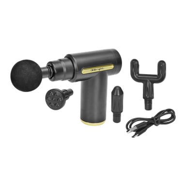 En svart Bright Massage Gun Mini med gulddetaljer visas tillsammans med fyra utbytbara fästhuvuden och en USB-laddningskabel.