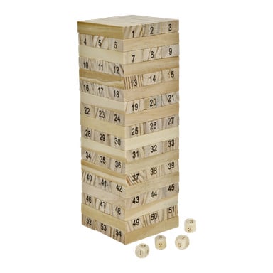 Kayoba Tower-spelets 54-paket innehåller träblock numrerade 1 till 54 och tre trätärningar med svarta siffror.