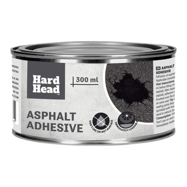 En 300 ml burk Hard Head Asphalt Adhesive med en etikett med varumärkesnamn, användningsanvisningar, varningsikoner och en bild på sprucken asfalt. Instruktionerna anger att man bör undvika att applicera på våta ytor.