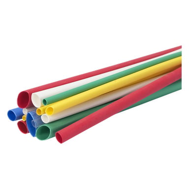 Ett 10-pack Anslut krymprör är staplade ihop, med rör i olika färger som rött, grönt, gult, vitt och blått. Sortimentet inkluderar både raka och något ovala rörformer.