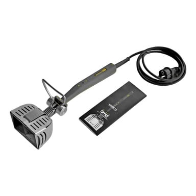 Speedheater Cobra od Speedheater ma czarno-szary korpus, szeroką metalową głowicę z wentylacją, długą rączkę oraz podłączony kabel zasilający. Obok znajduje się karta informacyjna produktu z obrazem narzędzia.