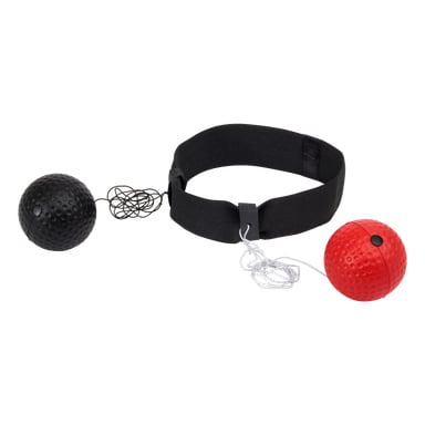 Kayoba Boxings reflexbollset består av tre delar: ett svart elastiskt hårband med två bollar, en röd och en svart, var och en fäst vid bandet med individuella elastiska band för reflex- eller boxningsträning.