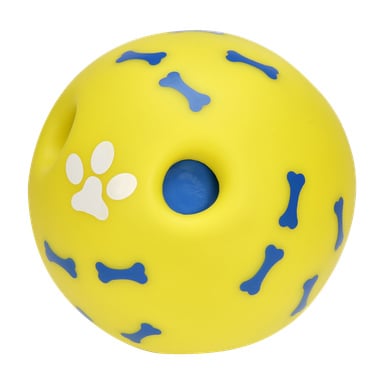 Kayoba Dog-leksaken med ljud är en gul gummiboll dekorerad med blå benformer och ett vitt tassavtryck, med två hål, varav ett visar en blå insida.