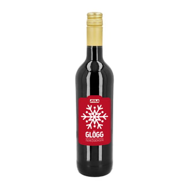 En mörk glasflaska med guldkork och en röd etikett som visade en vit snöflinga och orden "Christmas glögg" från Jula. Denna alkoholfria flaska på 750 ml står upprätt.