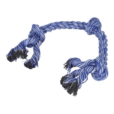 Kayoba Dog-leksaken är gjord av tvinnat rep i blått, vitt och svart med knutar i båda ändar och fransiga tofsar, formade i en kurva.