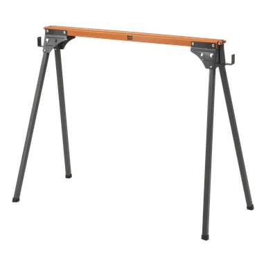 En Hard Head Work-bro, utformad som en robust metallsåghäst, visar en orange horisontell stång som stöds av fyra svarta, vinklade ben med gummiförsedda fötter för att säkerställa fast grepp och stabilitet – lämpligt för att hålla material i bygg- eller träarbeten.