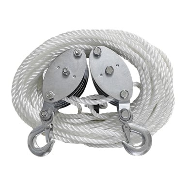 En Meec Tools-trissa med ett prydligt virvlande vitt rep och två metallblock, där varje krok slutar utåt. Blocken och repet är ordnade på ett ordnat sätt.