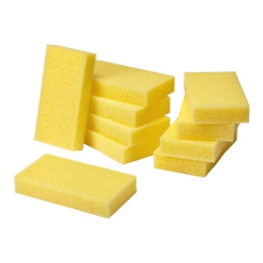 Åtte gule Hamron Sponges merket shampoo 10-pakke er arrangert i to små stabler og tre enkeltpakker.