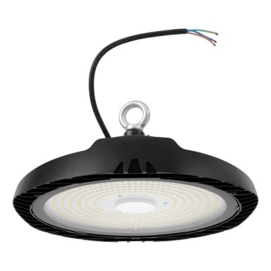 Okrągła, lampa LED z wysokim modułem z metalowym hakiem na górze i odsłoniętym czarnym kablem z trzema kolorowymi przewodami. Na przedniej stronie światła widnieje liczne małe żarówki LED umieszczone w koncentrycznych pierścieniach.