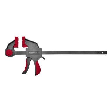 En Meec Tools Quick Clamp i svart och rött, utrustad med ergonomiska grepp och avtryckarutlösarmekanism. Lämplig för att hålla material säkert under träarbete eller byggprojekt, med Meec Tools-logotypen på sidan.