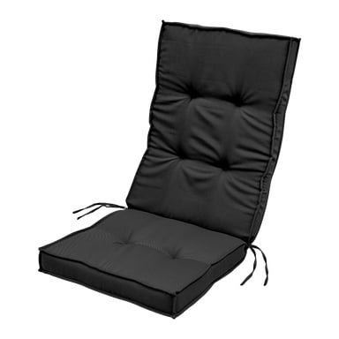 EKVIP Comforts höga ryggdyna är svart och tuftad, med generöst vadderad sits och ryggstöd. Den har sidoband som håller den säkert fäst vid en stol, vilket ger extra mjuk komfort.